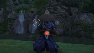 Assassin's Creed Shadows knowledge rank - Naoe performing kuji-kiri while kneeling next to a pond.