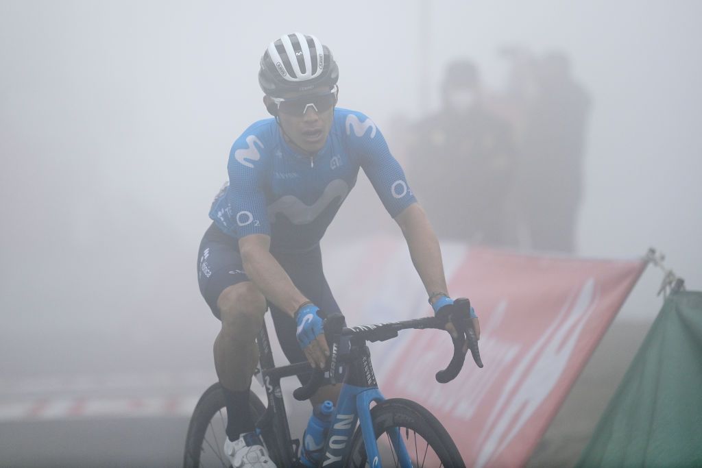ALTU DEL GAMONITEIRU SPAIN SEPTEMBER 02 Miguel ngel Lpez Moreno of Colombia and Movistar Team celebrates winning during the 76th Tour of Spain 2021 Stage 18 a 1626km stage from Salas to Altu dEl Gamoniteiru 1770m lavuelta LaVuelta21 on September 02 2021 in Altu dEl Gamoniteiru Spain Photo by Stuart FranklinGetty Images