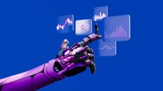 A purple metallic hand touches several transparent boxes with graphs and circles on them