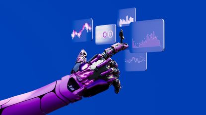 A purple metallic hand touches several transparent boxes with graphs and circles on them