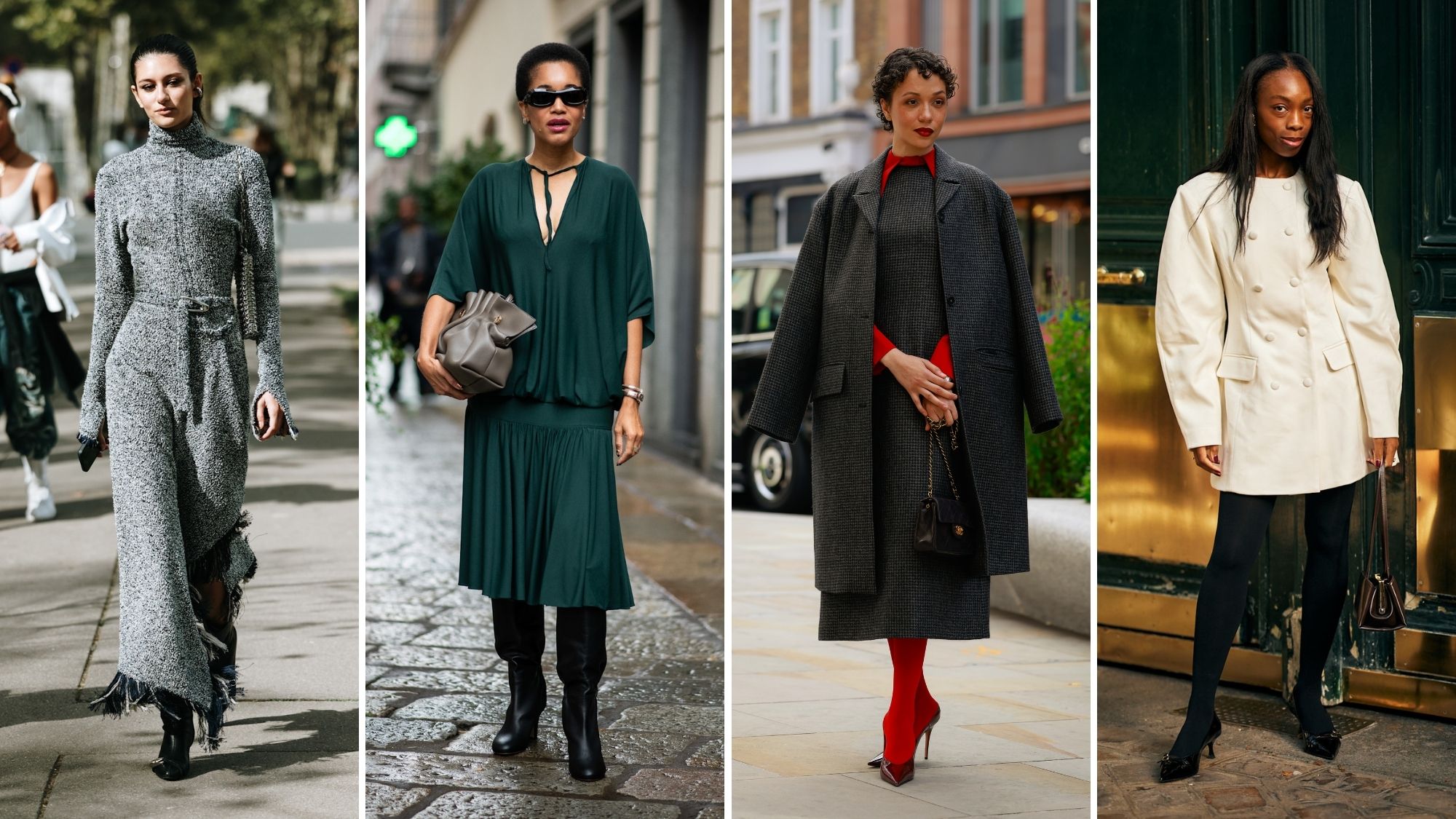 four stylish women wearing work dresses during fashion week