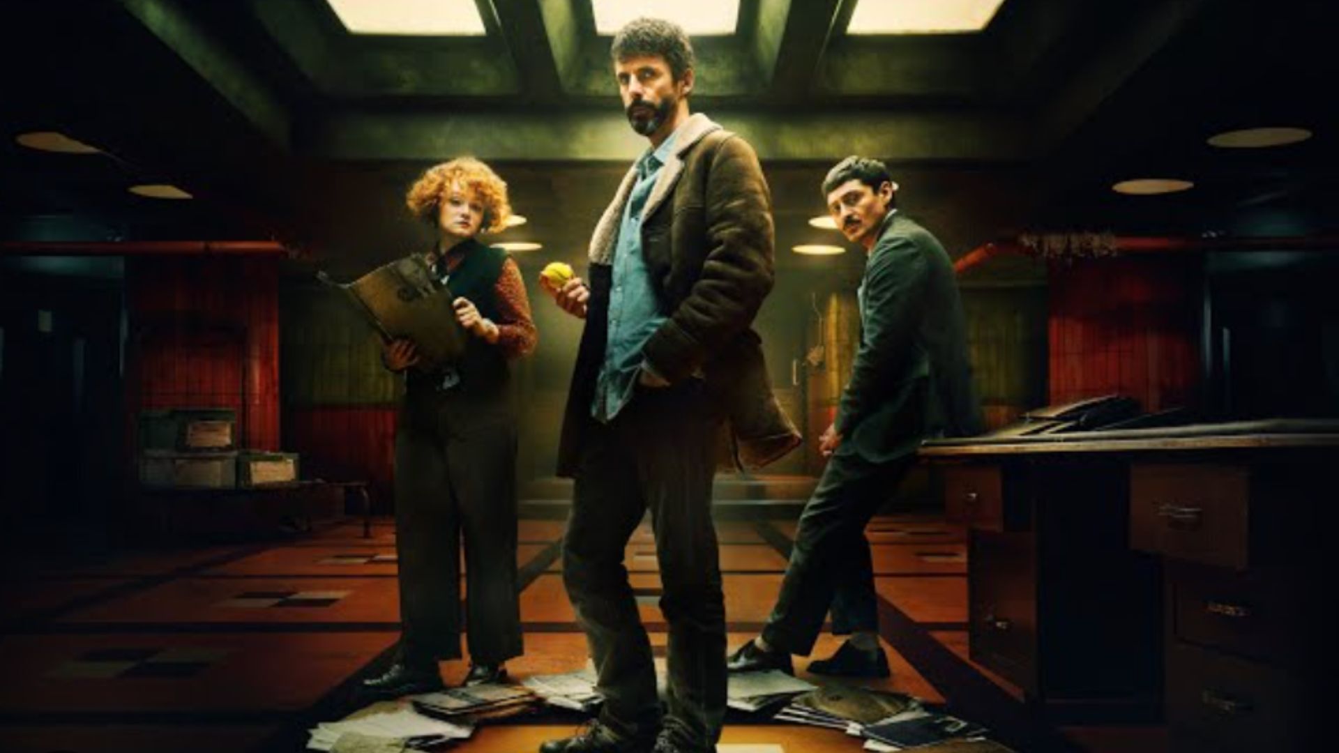 an image from new Netflix show, Dept. Q, with Leah Byrne left, Matthew Goode in the centre, and Alexej Manvelov right