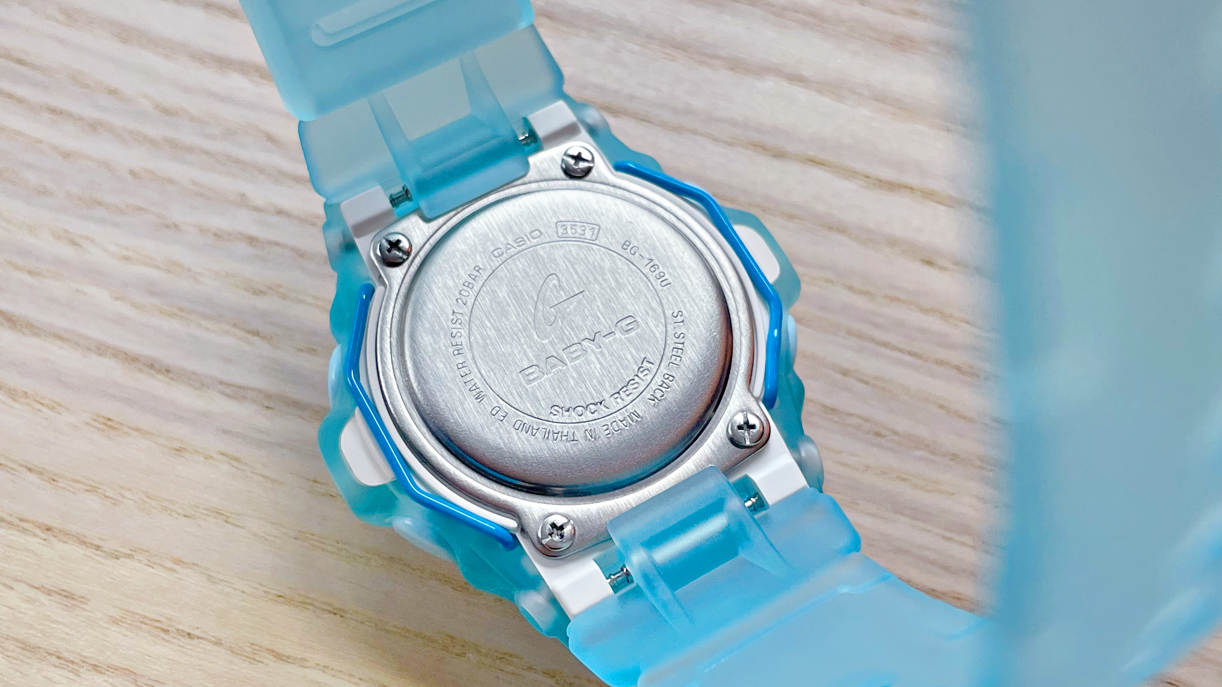 Close-up of the back of a Casio Baby-G BG169 watch showing 200 meters of water resistance