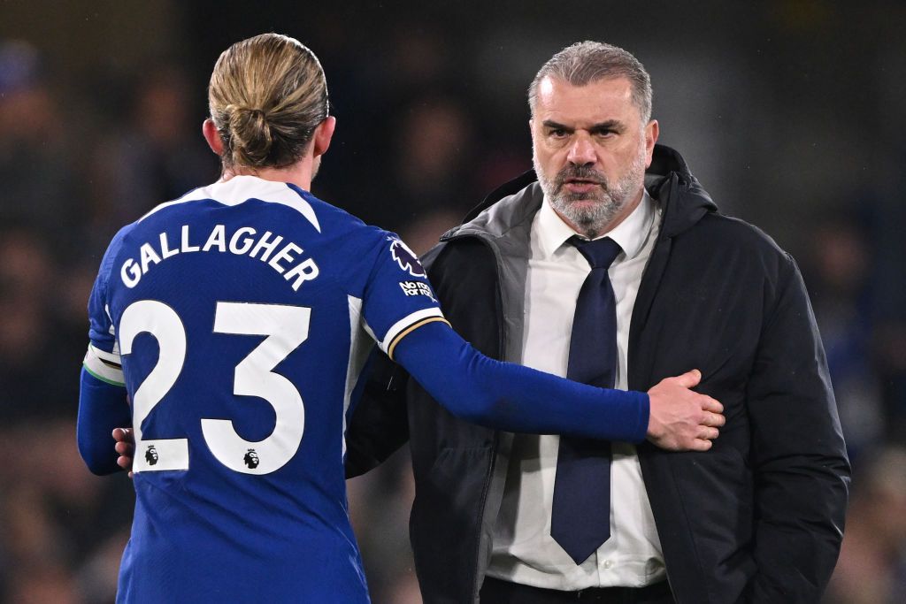 Conor Gallagher of Chelsea and Tottenham manager Ange Postecoglou share a moment after the Premier League match between Chelsea FC and Tottenham Hotspur at Stamford Bridge on May 02, 2024 in London, England. (Photo by Mike Hewitt/Getty Images) (Photo by Mike Hewitt/Getty Images)