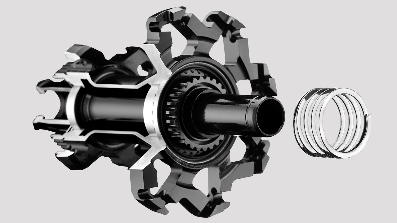 A cutaway of a rear hub showing the freehub assembly