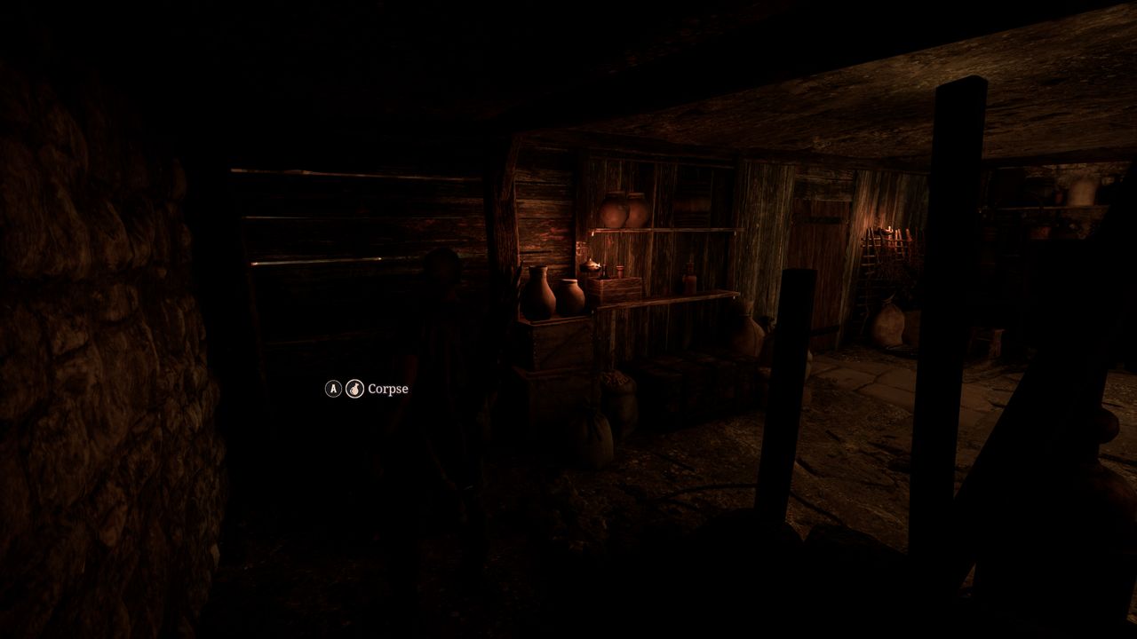 Gothic Remake New Camp: A player looking at Bran's corpse in the dark basement of the tavern.
