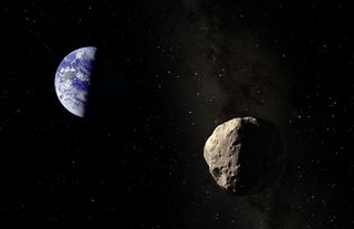 apophis asteroid in the front with half-illuminated earth in the background