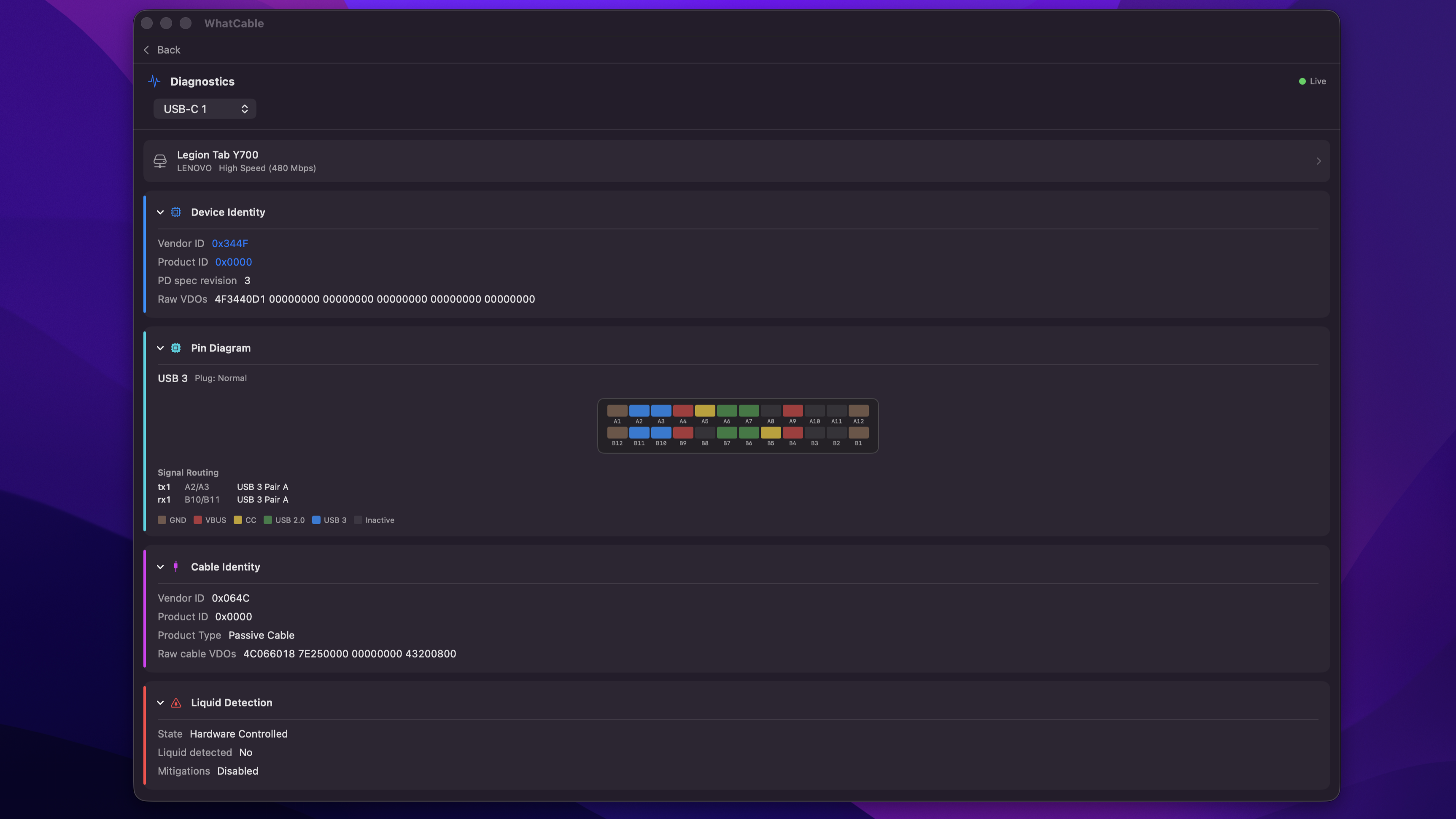 A screenshot showing the extra features and insights available in the pro version of the WhatCable app for Mac