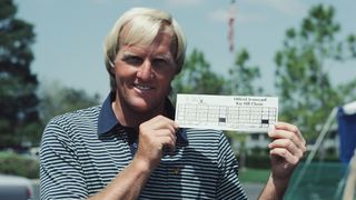 Greg Norman poses with his second round scorecard after his 62 at the 1984 Bay Hill Classic