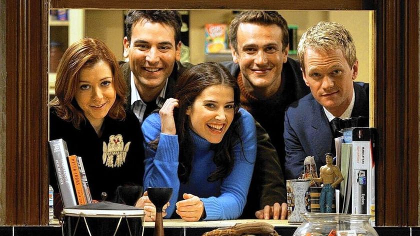 The cast of How I Met Your Mother lean through a window.