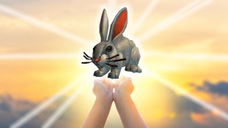 A pair of cupped hands holding aloft a hovering rabbit that's radiating a divine energy.