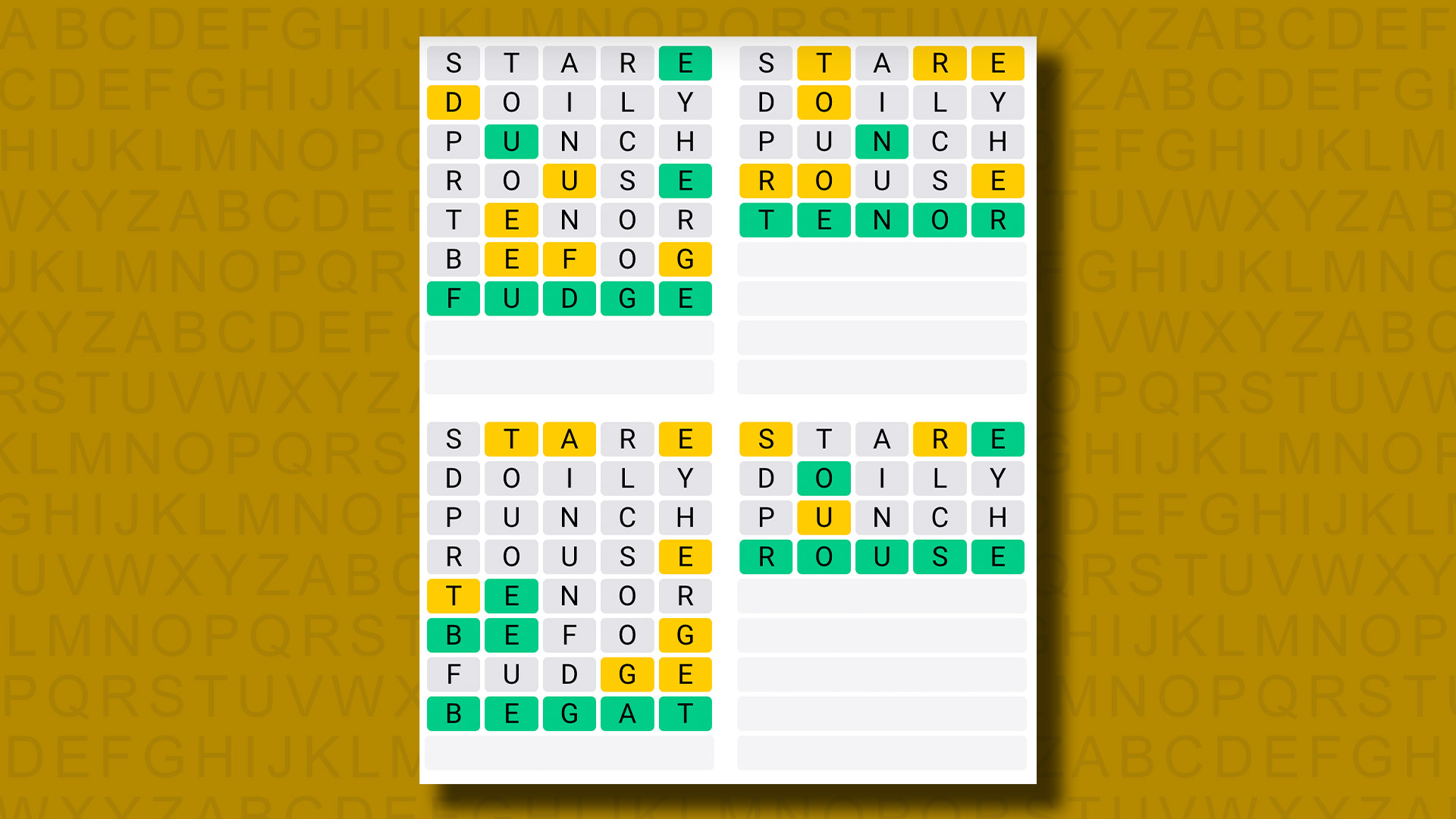 Respuestas de Quordle para el juego 986 sobre un fondo amarillo