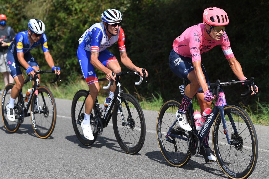 MONFORTE DE LEMOS SPAIN SEPTEMBER 03 LR Andrea Bagioli of Italy and Team Deceuninck QuickStep Anthony Roux of France and Team Groupama FDJ and Magnus Cort Nielsen of Denmark and Team EF Education Nippo compete in the breakaway during the 76th Tour of Spain 2021 Stage 19 a 1912 km stage from Tapia to Monforte de Lemos lavuelta LaVuelta21 on September 03 2021 in Monforte de Lemos Spain Photo by Tim de WaeleGetty Images