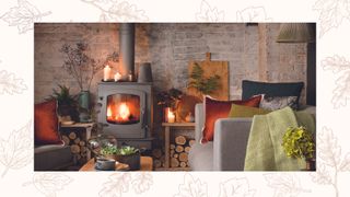 Cozy living room with log-burning stove to show how to keep a house warm in winter