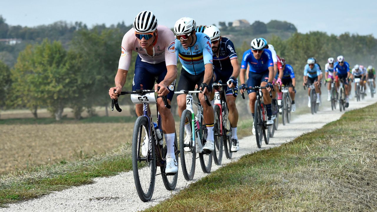 Image shows riders racing gravel on converted road bikes.