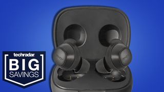 Lindy LTS-50 earbuds and case on blue background