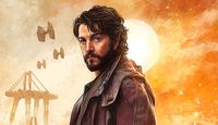 A bearded man stands before an orange sun with spaceships in the background