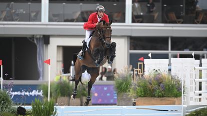 A bay warmblood horse jumps towards the camera high over an open water jump with his knees close to his nose. His rider is wearing a traditional red showjumping jacket.