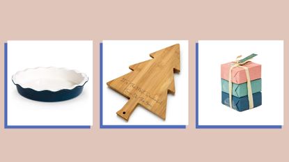 images of three of w&h's favourite Christmas gift ideas for neighbors—a pie dish, a Christmas tree cheeseboard and a soap trio gift set—on a beige background