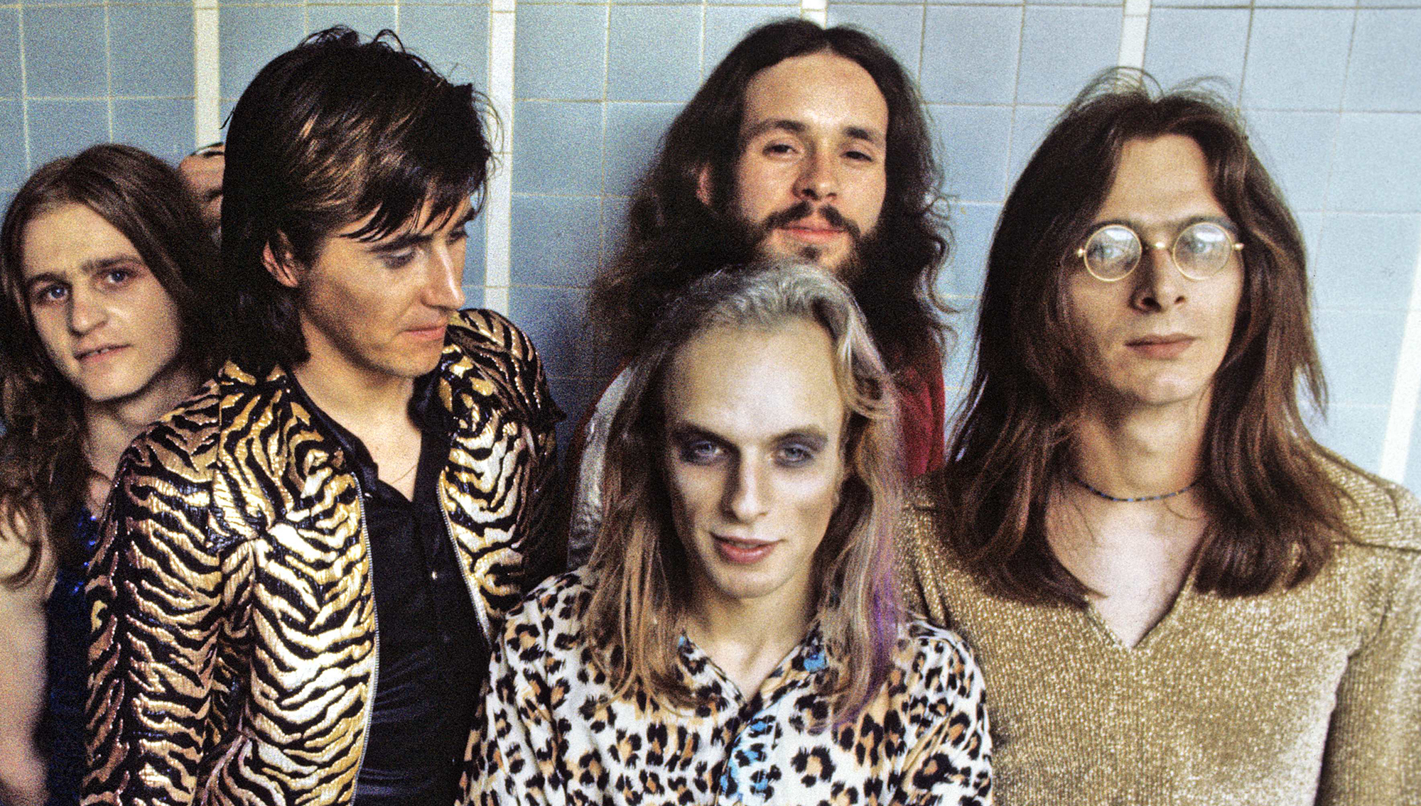 Roxy Music photographed at the Royal College Of Art in London, July 5, 1972. (from left) Andy Mackay (cropped out), Paul Thompson, Bryan Ferry, Brian Eno, Phil Manzanera, Rik Kenton.
