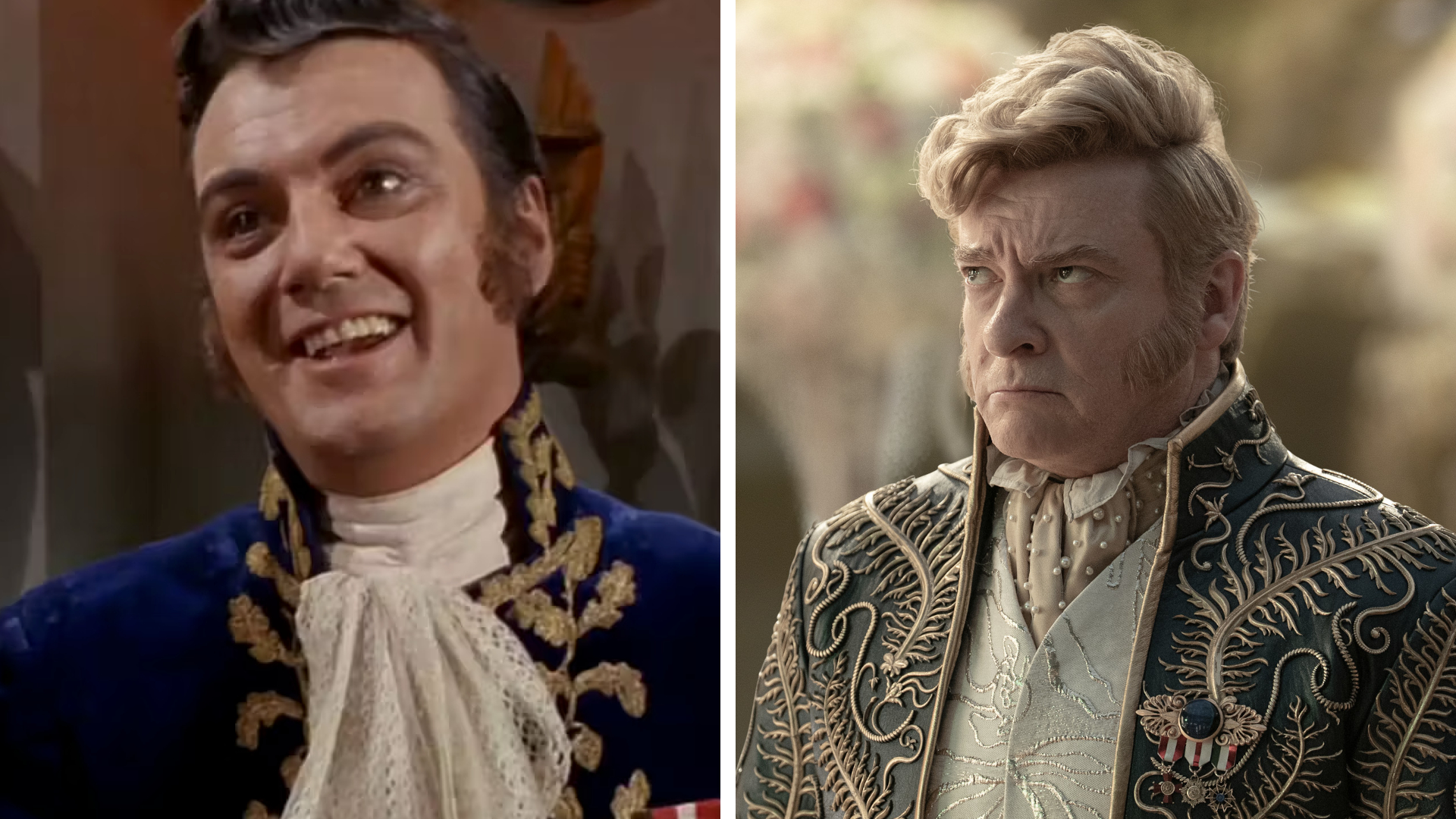 Split image showing William Campbell (Left) and Rhys Darby (Right), who played Trelane in Star Trek: The Original Series and Star Trek: Strange New Worlds, respectively.