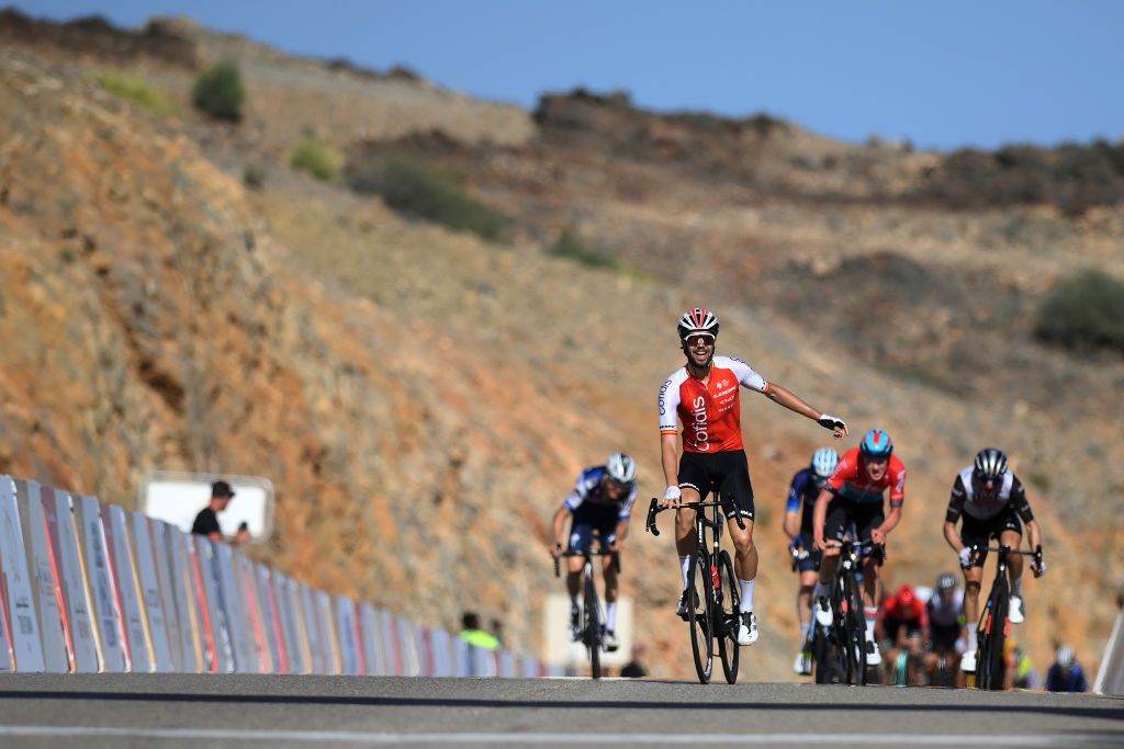 Jesus Herrada celebrates winning stage 2 of the Tour of Oman