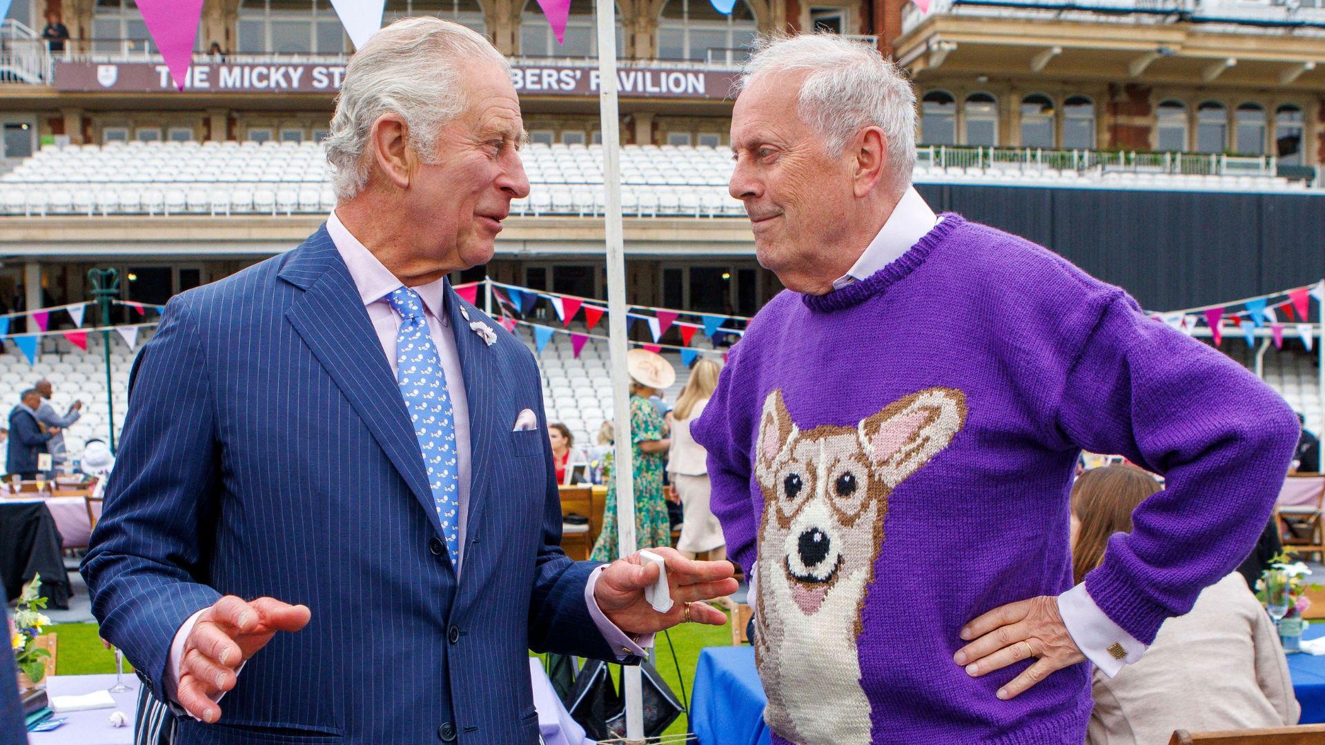 King Charles and Gyles Brandreth at the Big Jubilee Lunch at the Oval in London on June 5, 2022