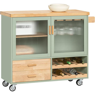 pale green portable kitchen island with fluted glass doors and wine rack