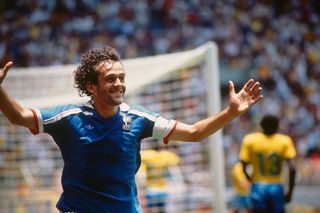 Best French players ever Quarter final of the 1986 FIFA Soccer World Cup. France vs Brazil (1-1) France won 4-3 after penalties. Michel Platini (France) celebrates scoring a goal. (Photo by Jean-Yves Ruszniewski/Corbis/VCG via Getty Images)