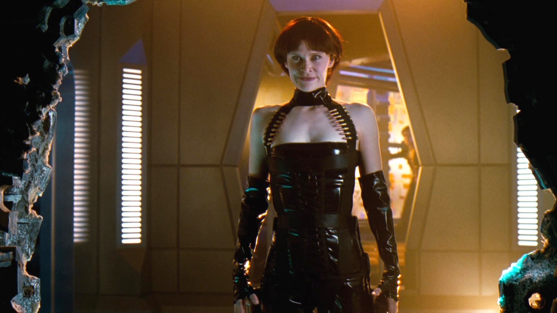 Screenshot from the 2001 space horror movie "Jason X" showing Lisa Ryder as KM-14