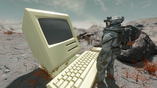 A Starfield character standing in front of a giant computer terminal.