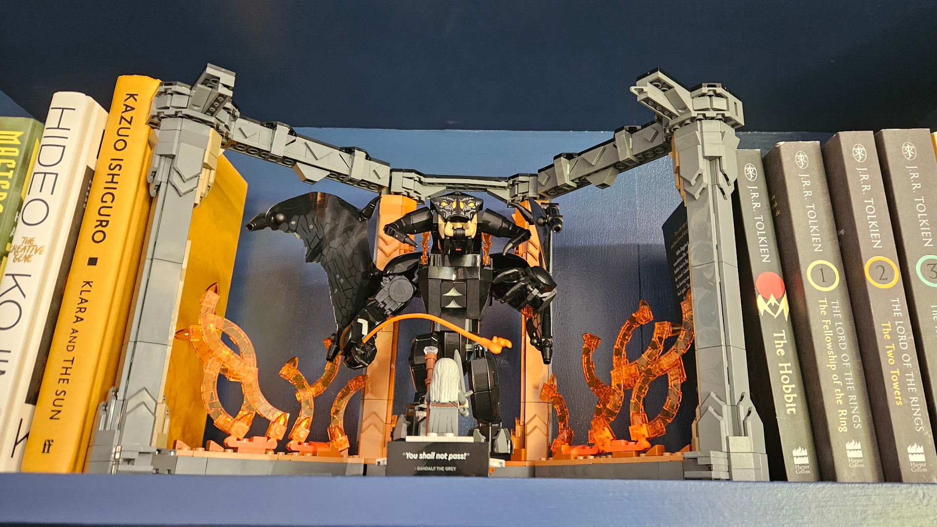 Lego Balrog Book Nook set between books