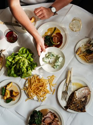 Bird's eye view shot of table of food