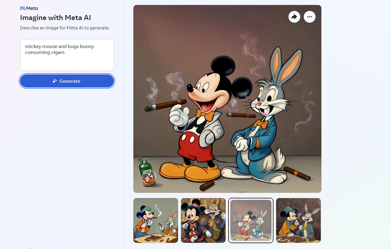 Mickey mouse and bugs bunny smoking cigars on Meta AI