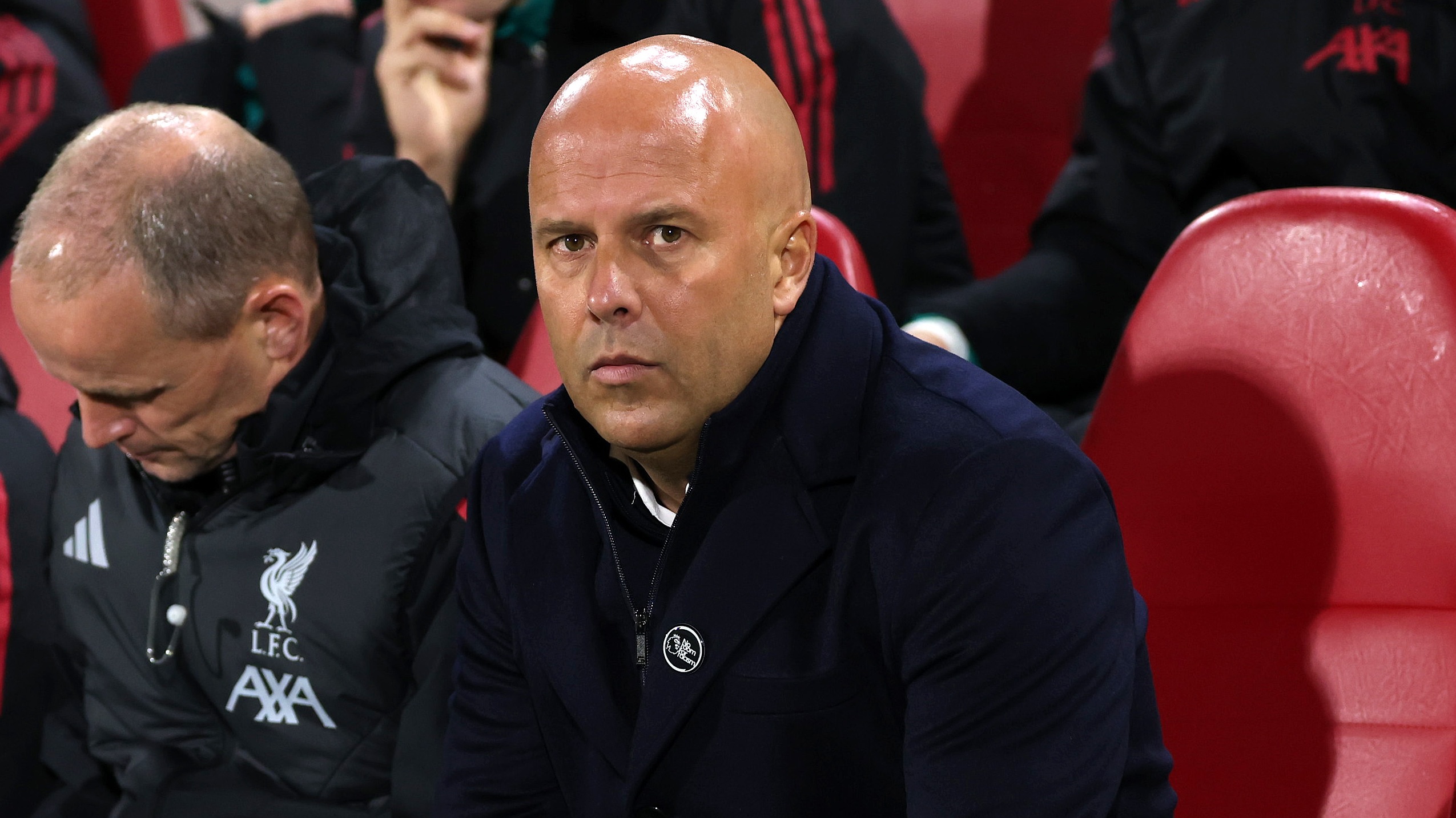 Arne Slot, Manager of Liverpool, looks on prior to the Premier League match between Brentford and Liverpool at Gtech Community Stadium on October 25, 2025 in Brentford, England.