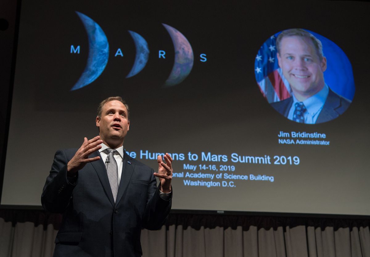 By accelerating the timeline for getting astronauts back on the moon, &quot;we are by definition accelerating the humans to Mars program,&quot; NASA Administrator Jim Bridenstine said in a keynote speech at the Humans to Mars Summit in Washington on May 14, 2019. 