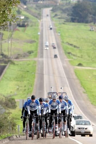 The group powers up one of the many climbs in Southern Cali hill country.