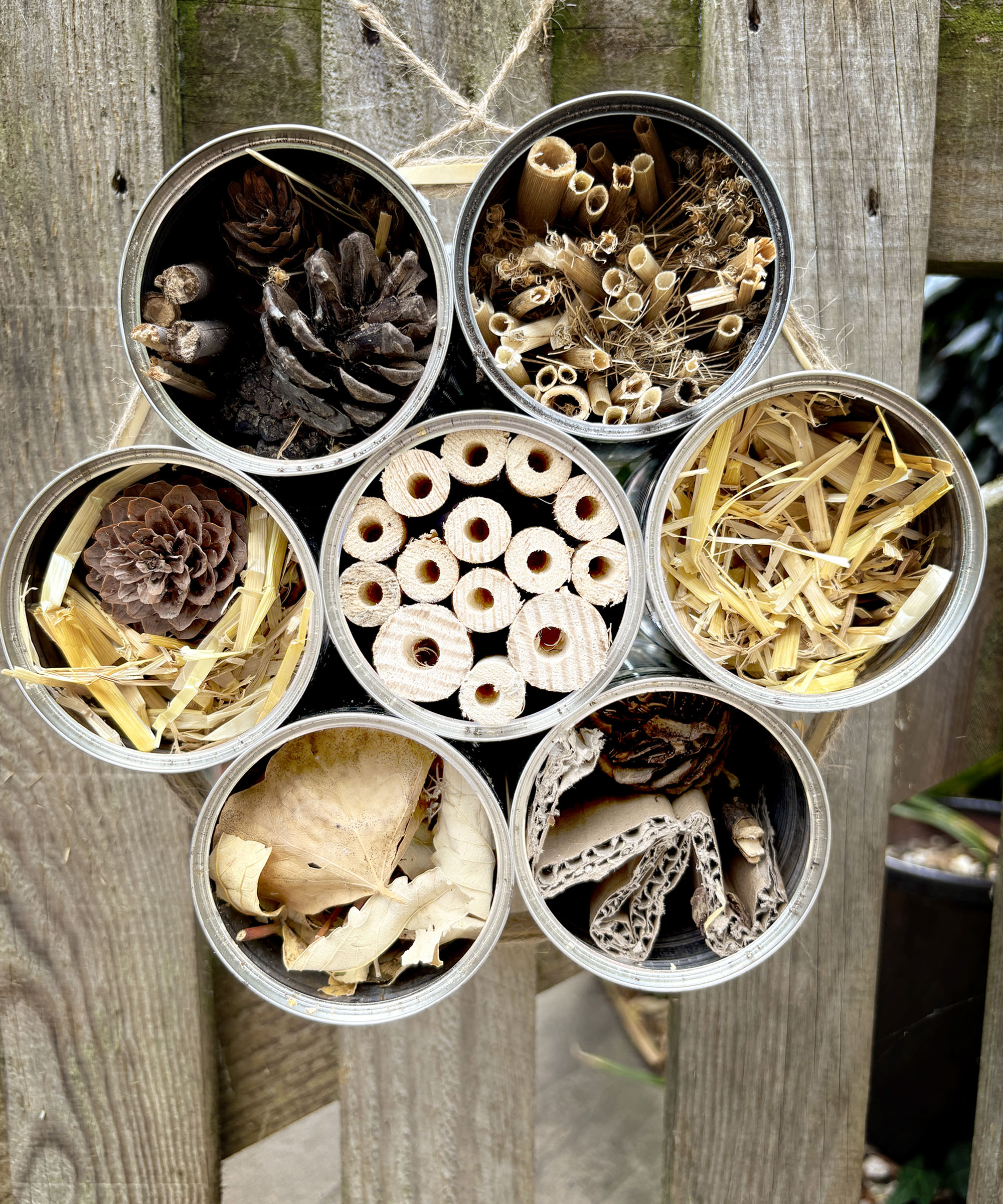 Homemade bug house made from tin cans and natural fillings