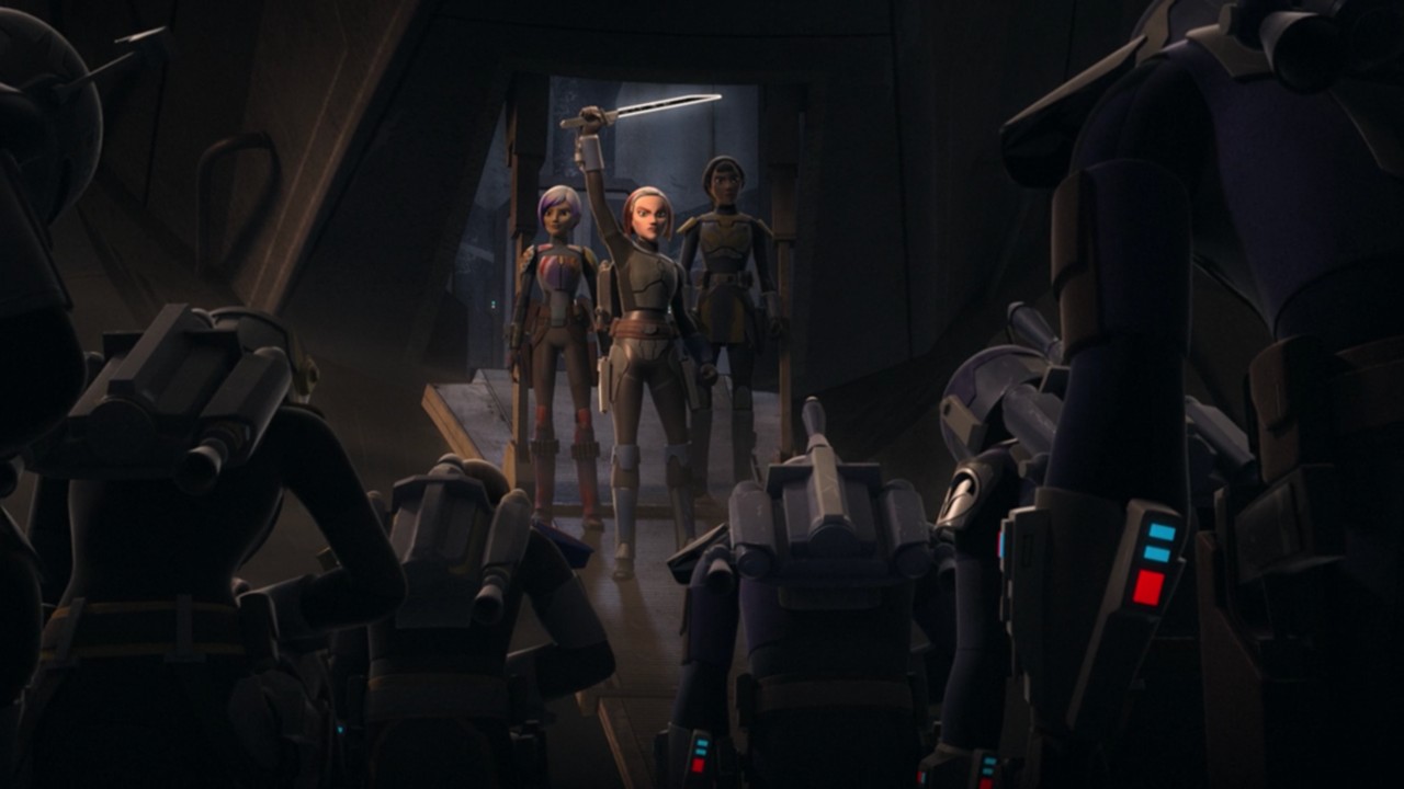 Bo-Katan Kryze holding up the Darksaber-The Clone Wars (animated)