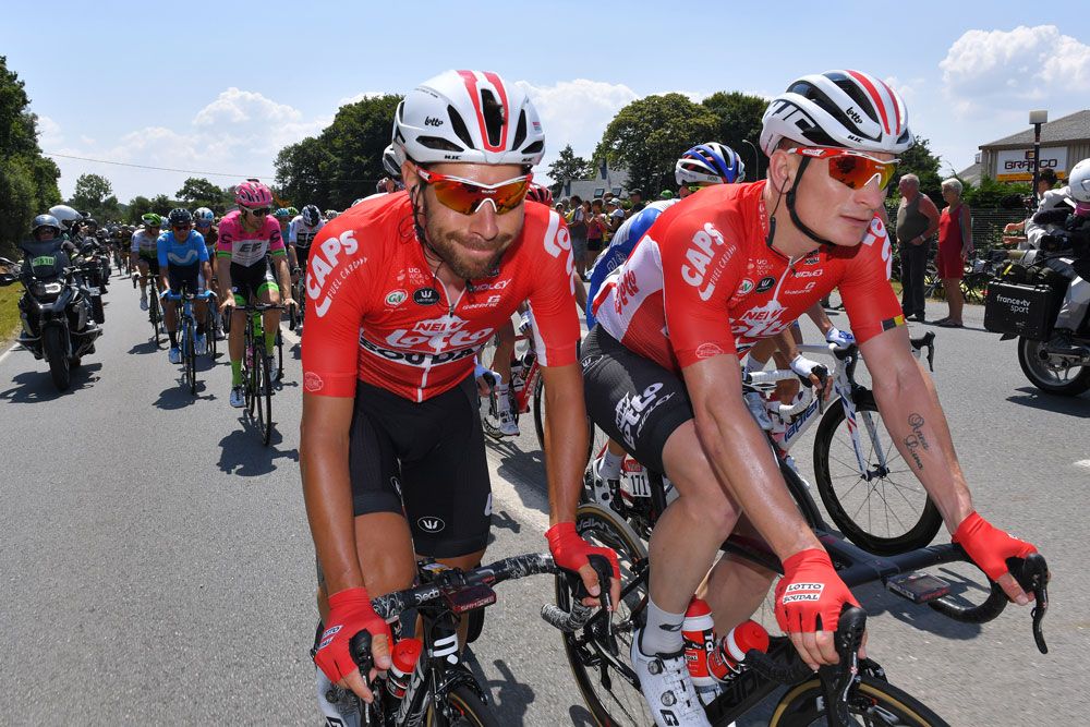 Cycling: 105th Tour de France 2018 / Stage 6 MUR-DE-BRETAGNE GUERLEDAN, FRANCE - JULY 12: Thomas De Gendt of Belgium and Team Lotto Soudal / Andre Greipel of Germany and Team Lotto Soudal / during 105th Tour de France 2018, Stage 6 a 181km stage from Brest to Mur-de-Bretagne Guerledan 293m / TDF / on July 12, 2018 in Mur-de-Bretagne Guerledan, France. (Photo by Tim de Waele/Getty Images)