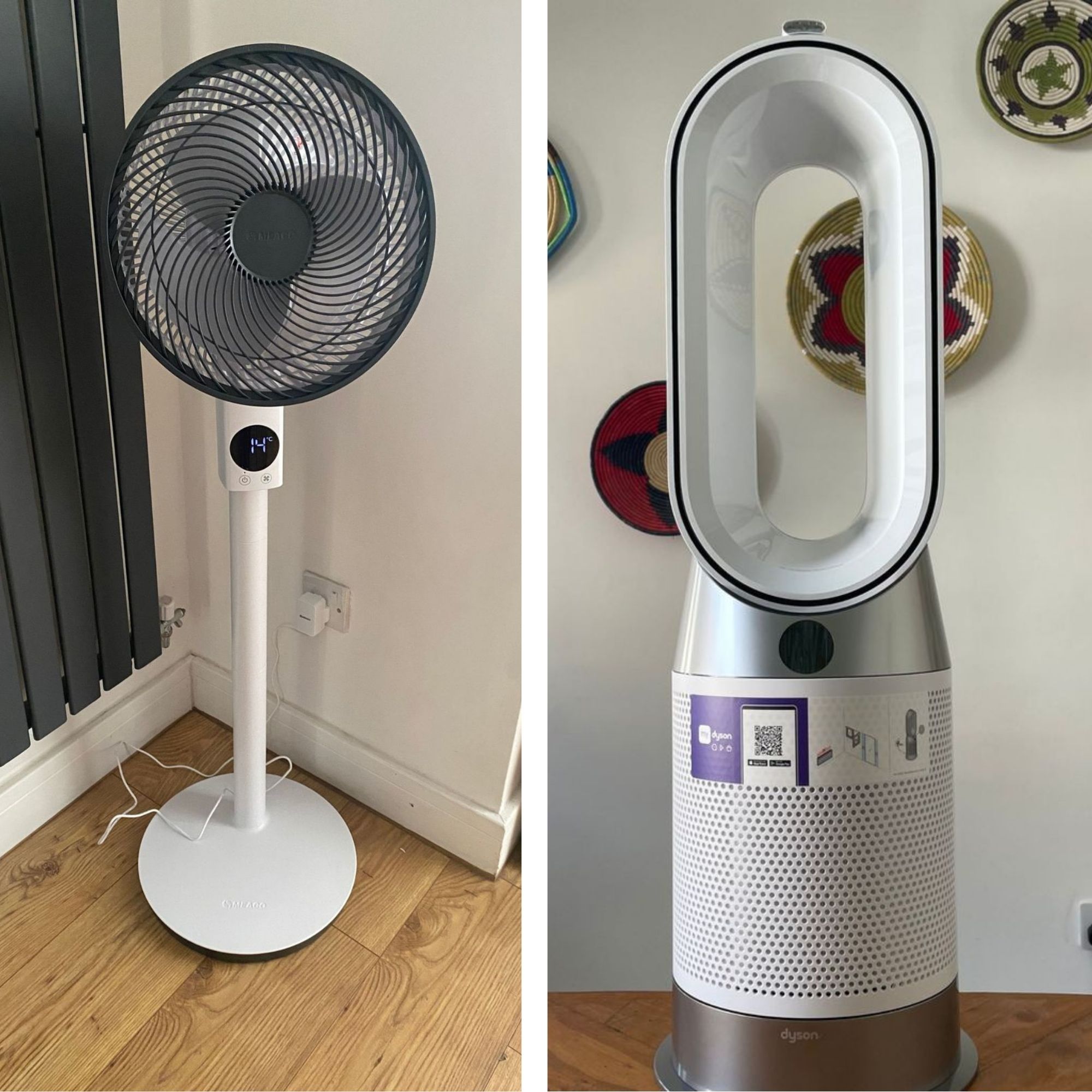 Spliced image showing the Meaco Sefte Pedestal Fan and the Dyson HP1 fan heater purifier