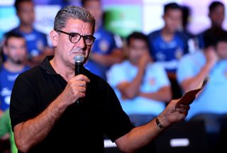 Chenniayin FC coach John Gregory gives a speech during the team introduction in September 2018.