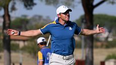 Rory McIlroy of Team Europe celebrates on the 15th green during the Sunday singles matches of the 2023 Ryder Cup at Marco Simone Golf Club on October 01, 2023 in Rome, Italy. 