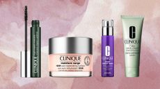 A selection of products from the ncluding Clinique High Impact Mascara, Clinique Moisture Surge Hydrator, Clinique Smart Clinical Repair Serum and The Clinique 7 Day Scrub Cream/ in a pink, cream and purple watercolour template