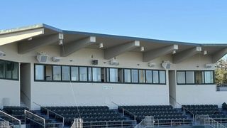 The Stetson Hatters press box from the outside, enhanced with loudspeakers from Fulcrum Audio.