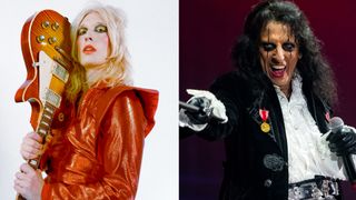 LEFT: Gyasi Heus, guitarist with the Alice Cooper band; RIGHT: Alice Cooper performs at Eventim Apollo on October 20, 2024 in London, England. 