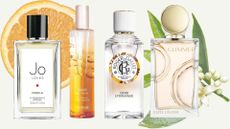 a selection of mood boosting perfume by jo lpoves, caudalie, roger & gallet and estee lauder on a backdrop with an image of an orange and some neroli