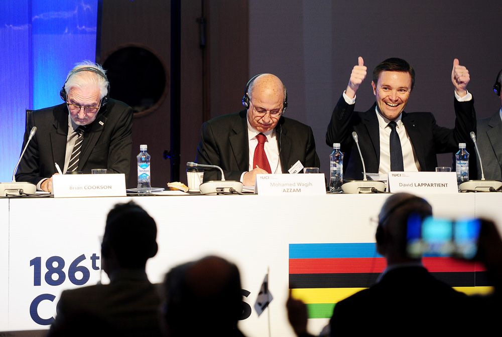 David Lappartient celebrates being elected as the new UCI President