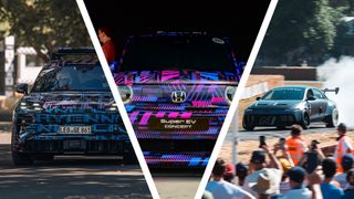 Three cars on show at the Goodwood Festival of Speed, with one on track.