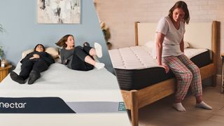 On the left, an image of the Nectar Premier memory foam mattress on a bed frame in our sleep studio. A member of our testing team lies on the bed while another team member jumps on. To the right, a member of our testing team sits on the edge of the Plank Firm mattress on a bed frame in a bedroom.